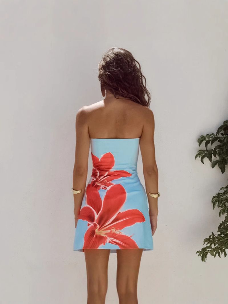 Women Sexy Strapless Floral Print Bodycon Mini Bodycon Dress for Beach Party