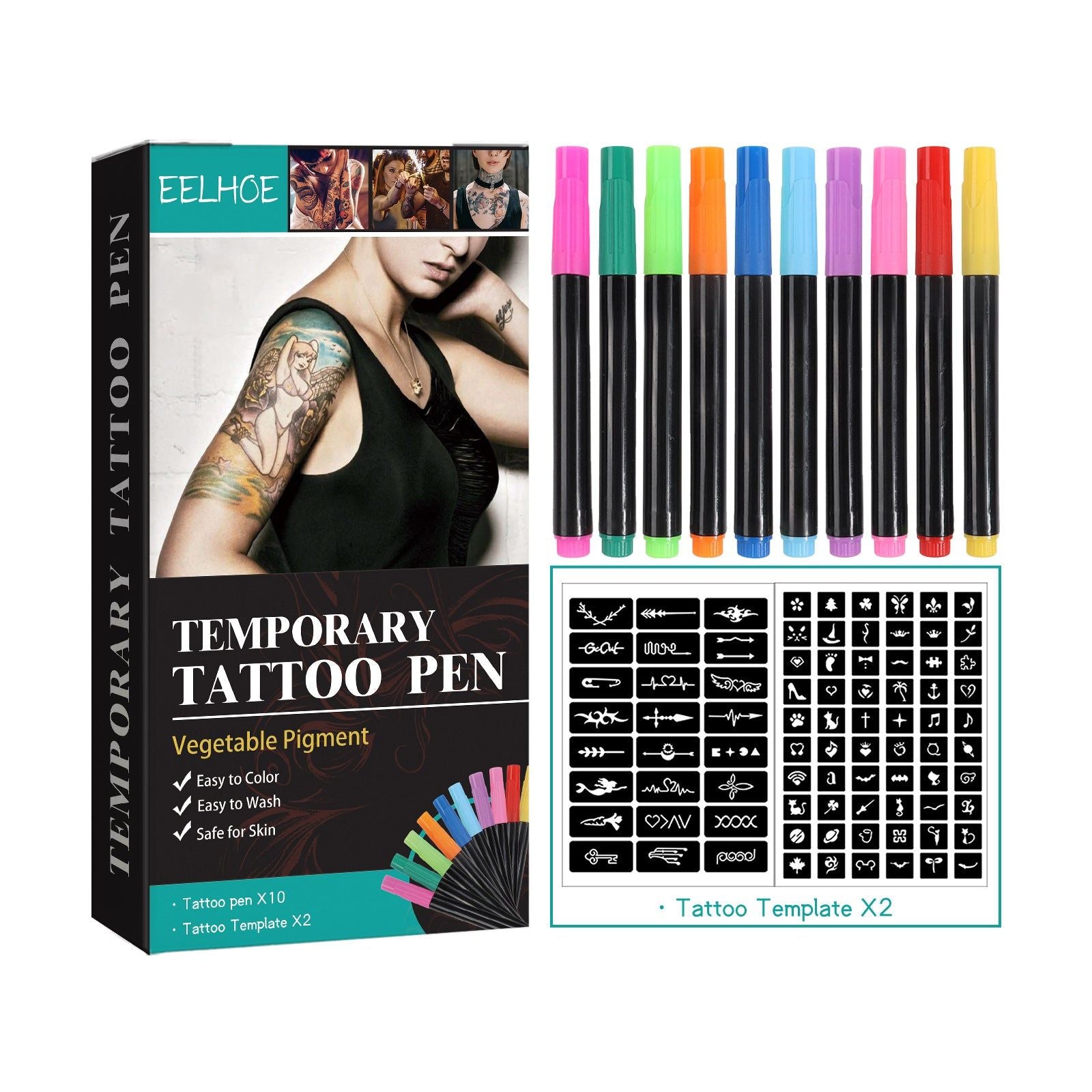 Body Markers for Temporary Tattoos, DIY Face Arm Body Art, Multi-Color Graffiti ,10 tattoo pens +2 tattoo templates