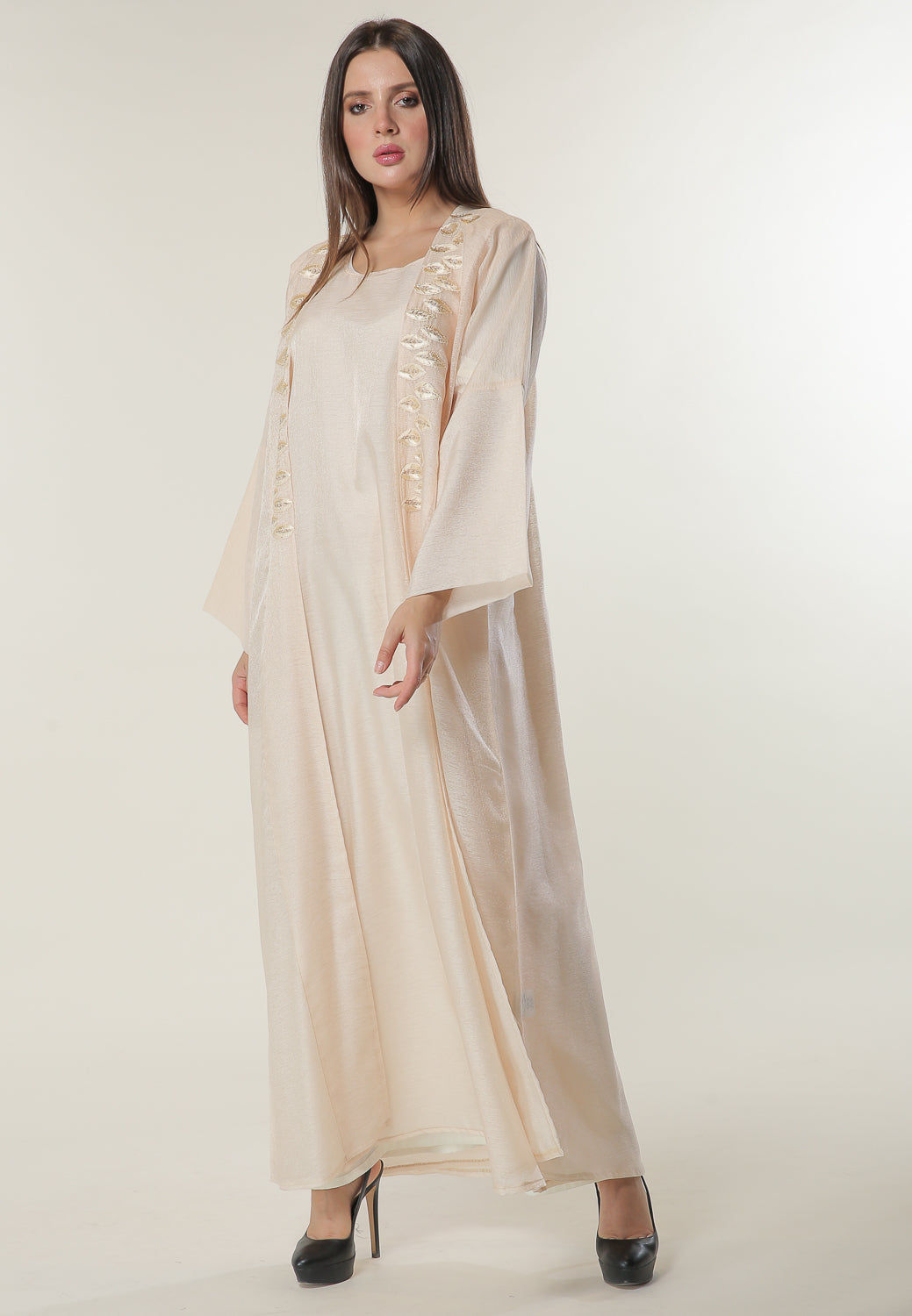 MOiSTREET Handwork Embellished Peach Organza Abaya with Inner