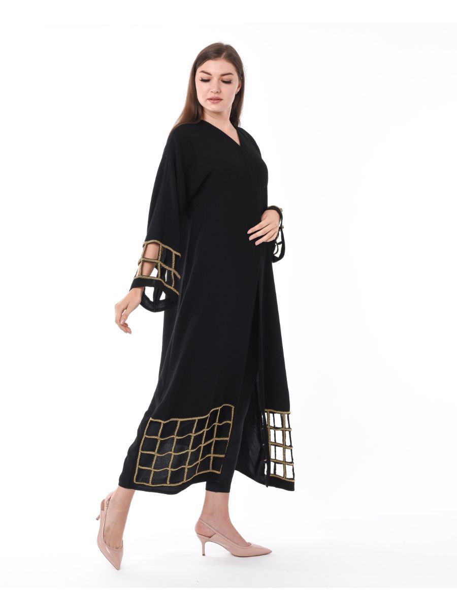 MOiSTREET Black Exotic Laser Cut Abaya with Hand Embroidery