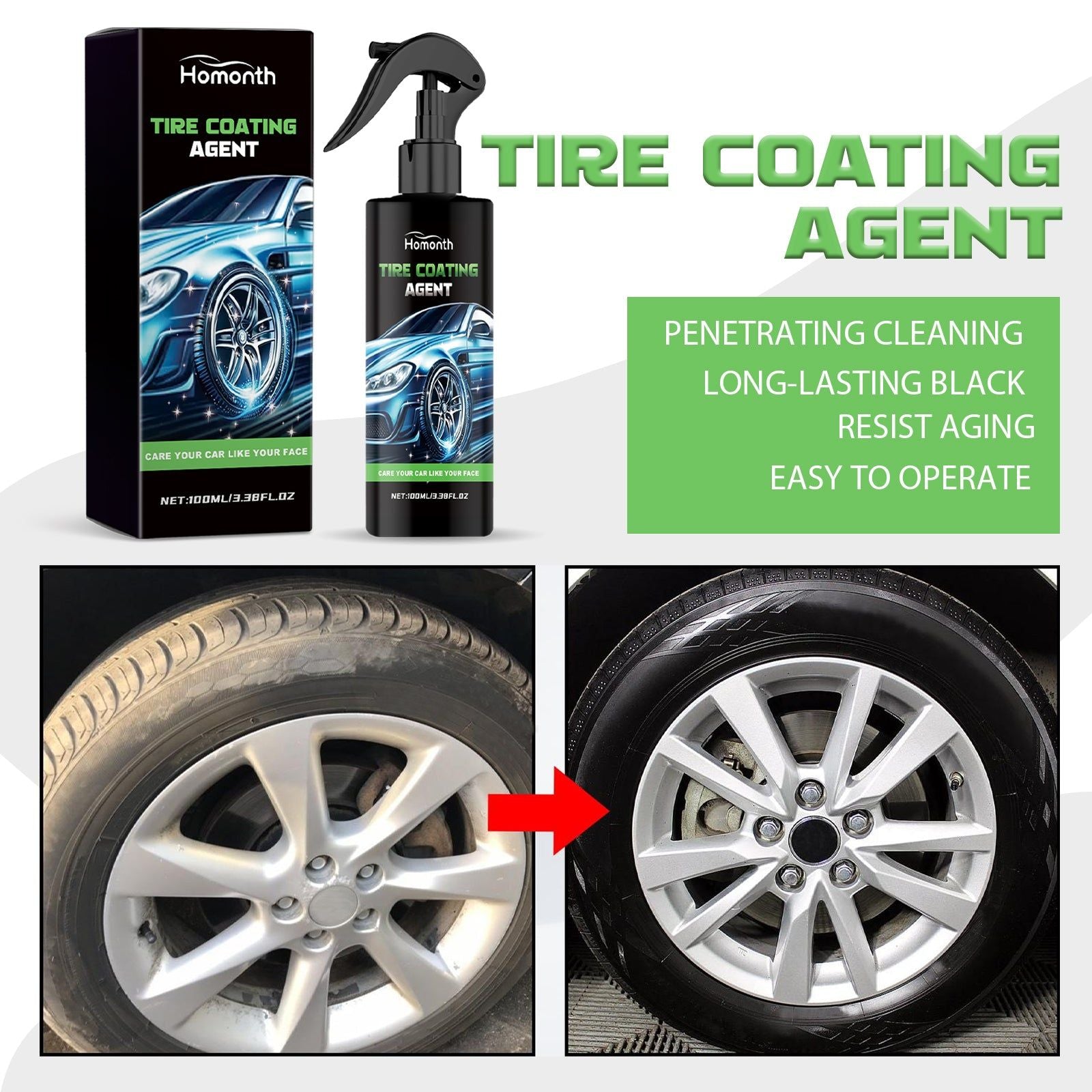 Car Tire Polishing and Cleaning Agent, Auto Tire Shine, Rust Removal, Decontamination, Anti-Aging, Easy to Use ,1set