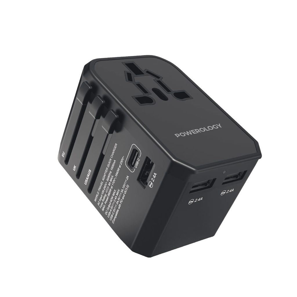 Powerology Universal Travel Adapter 45W PD Fast Charge, 3× USB-A + USB-C, Global Plug, Black