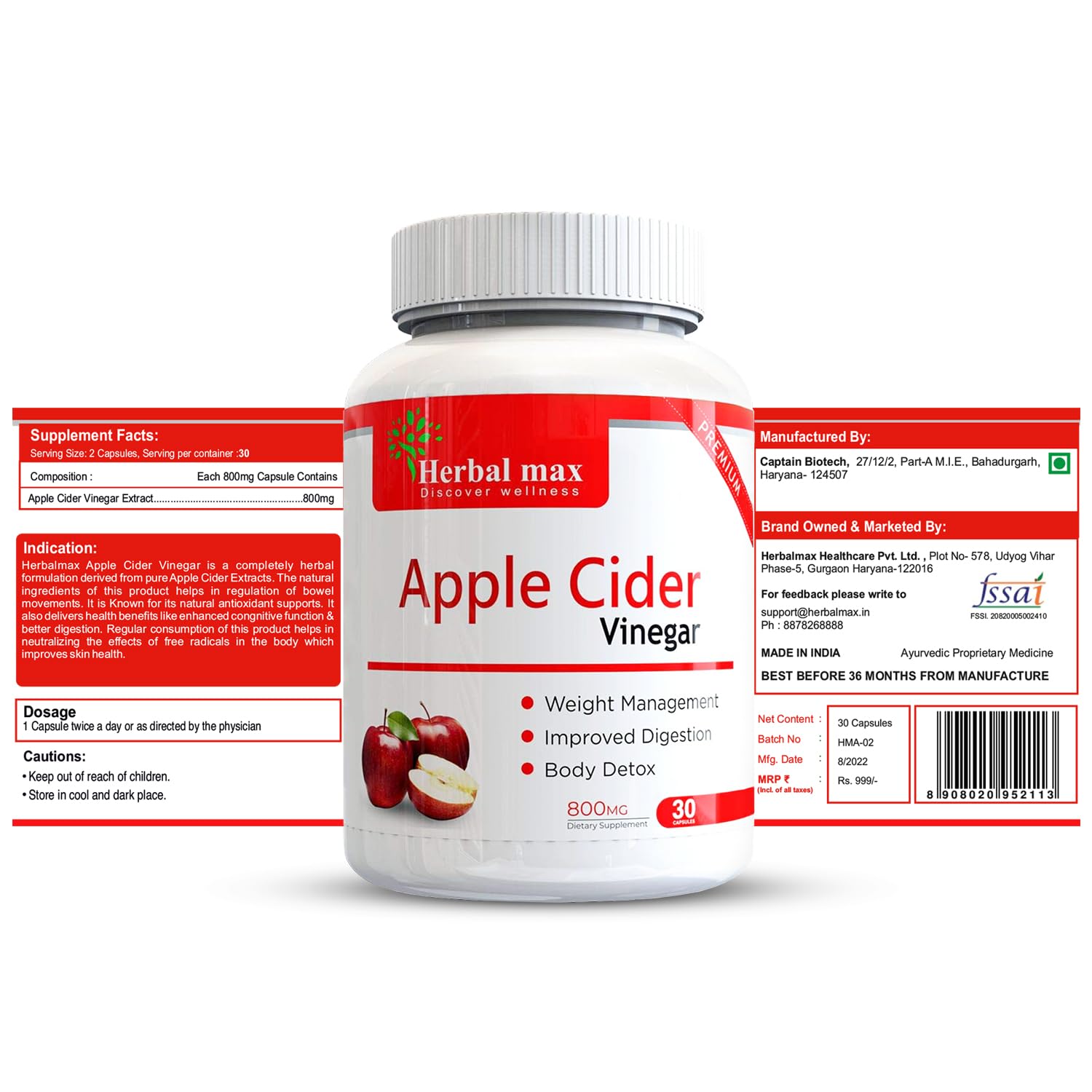 Herbal max Organics Apple Cider Vinegar, 30 Veg Capsules (800mg)