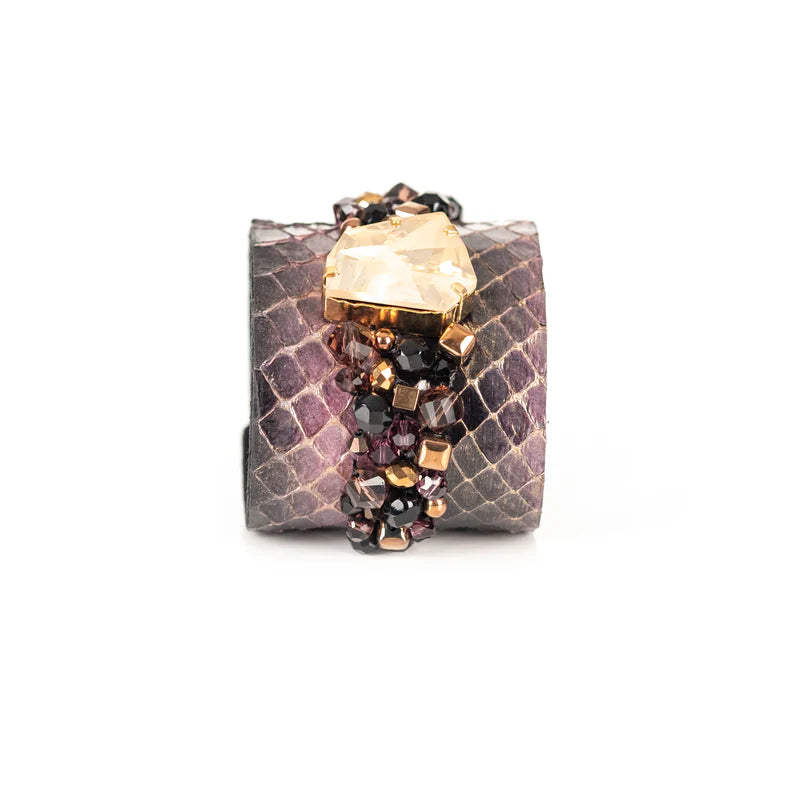 The Dark Python Leather Crystal Statement Cuff Bracelet with Champagne Stone