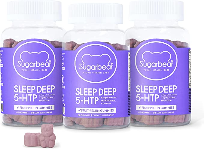 فيتامينات SugarBear Sleep، فيتامينات نباتية على شكل علكات تحتوي على الميلاتونين، 5-HTP، المغنيسيوم، L-الثيانين، جذر فاليريان، بلسم الليمون