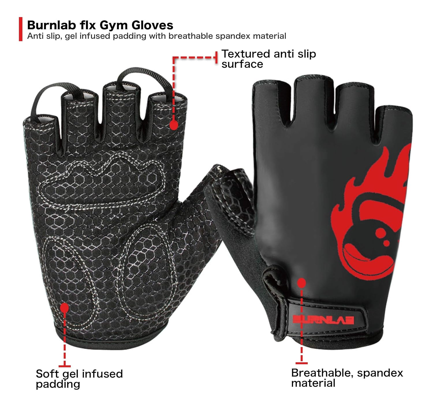 Burnlab Flex Gym Gloves for Men and Women (Black & Red Medium)