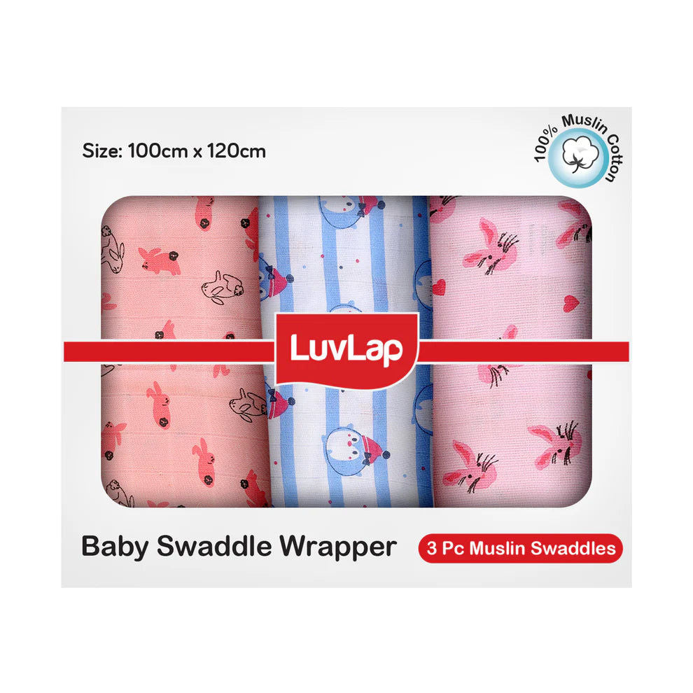 Luv Lap - Muslin Swaddle Set of 3 - Penguin Rabbit