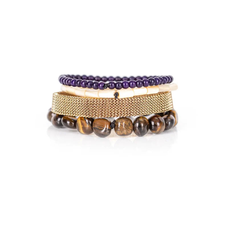 The Dark Amethyst Tiger Eye & Gold Mesh Bracelet Stack
