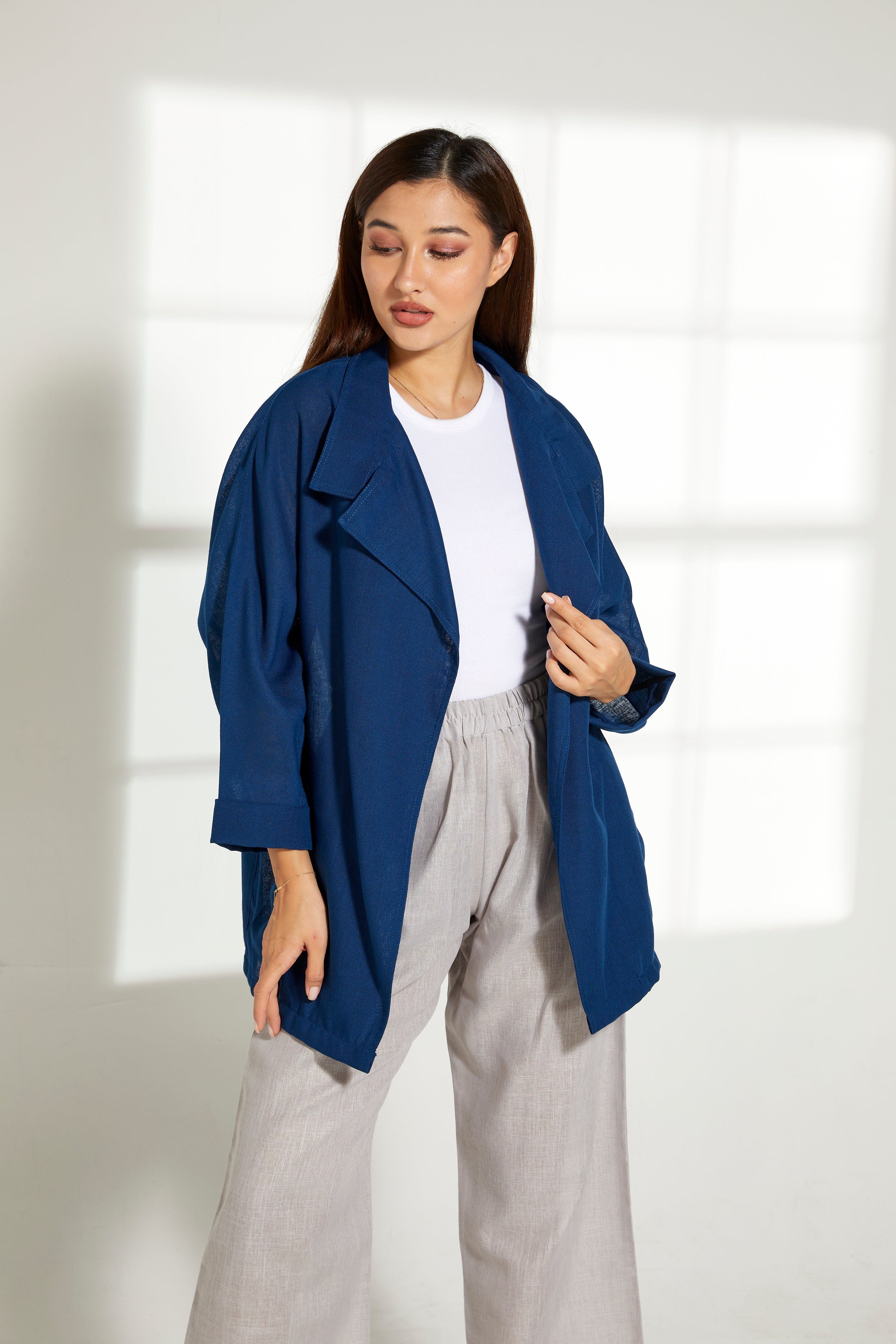 MOiSTREET Blue Linen Top and Grey Pants Set