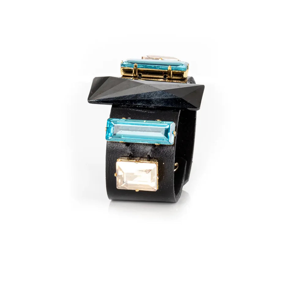 The Dark Black Leather Cuff with Blue & Champagne Crystals