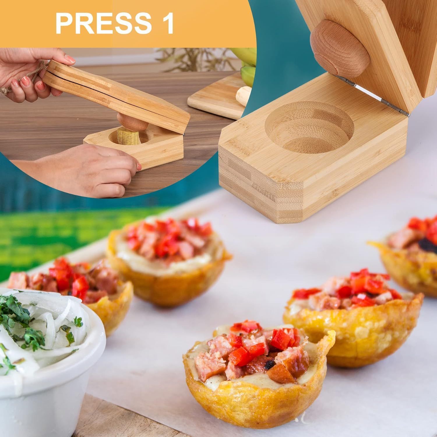 2 in 1 Stuffed Plantain Press Tostonera Cups Bamboo For Making Stuffed Tostones