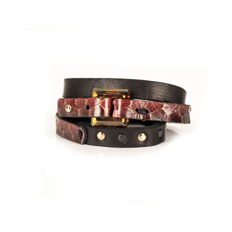 The Dark Burgundy Crocodile Leather Bracelet with Rectangular Crystal