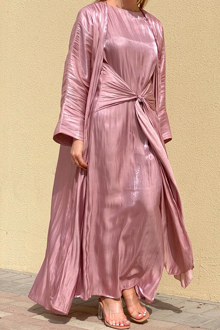 MOiSTREET Rotana Shimmer Lavender Pink Abaya Set Comes With 3 Piece