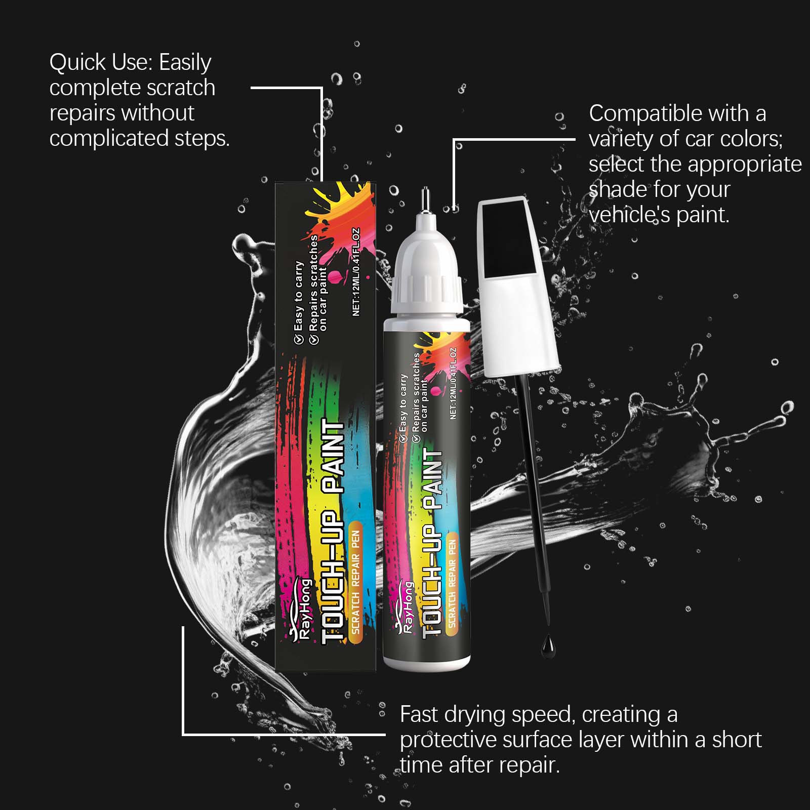 Black Car Touch-Up Pen, Waterproof, Wear-Resistant, Quick Car Maintenance, Scratch Repair ,12ml