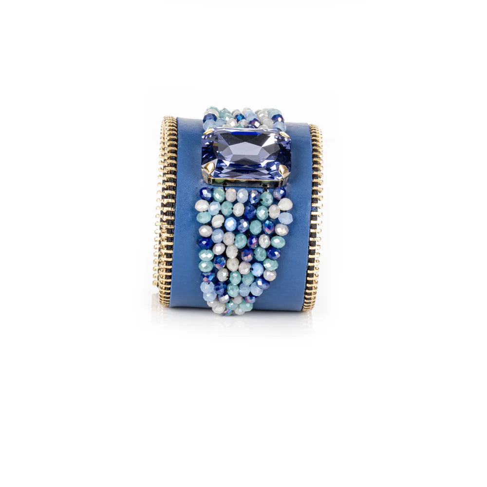 The Dark Azure Cascade Cuff Blue Leather Crystal Drop Statement Bracelet