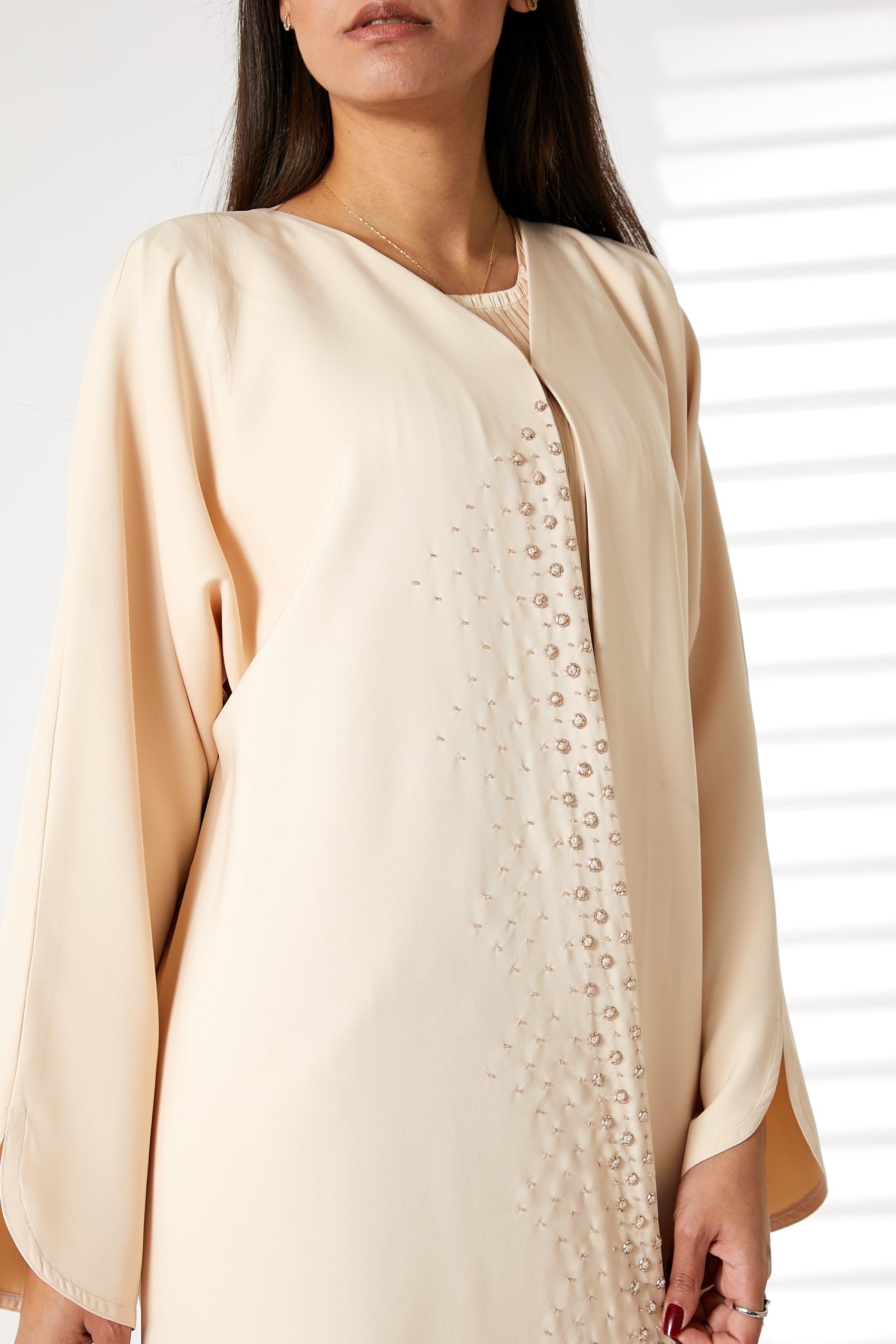 MOiSTREET Peach Front Embroidered Nida Open Abaya