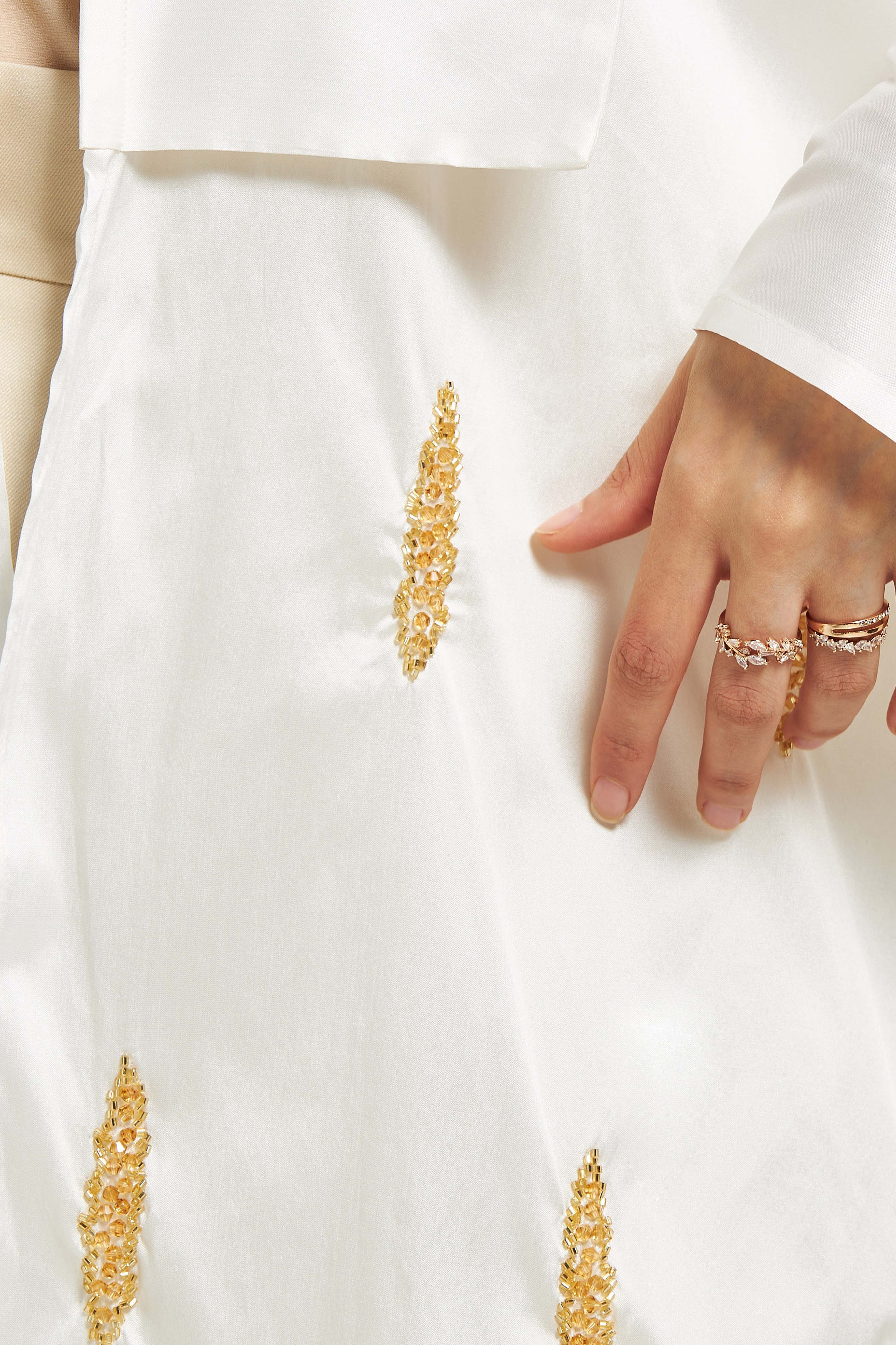 MOiSTREET Bead Embellished Abaya with Solid Panel Overlay and Sheila