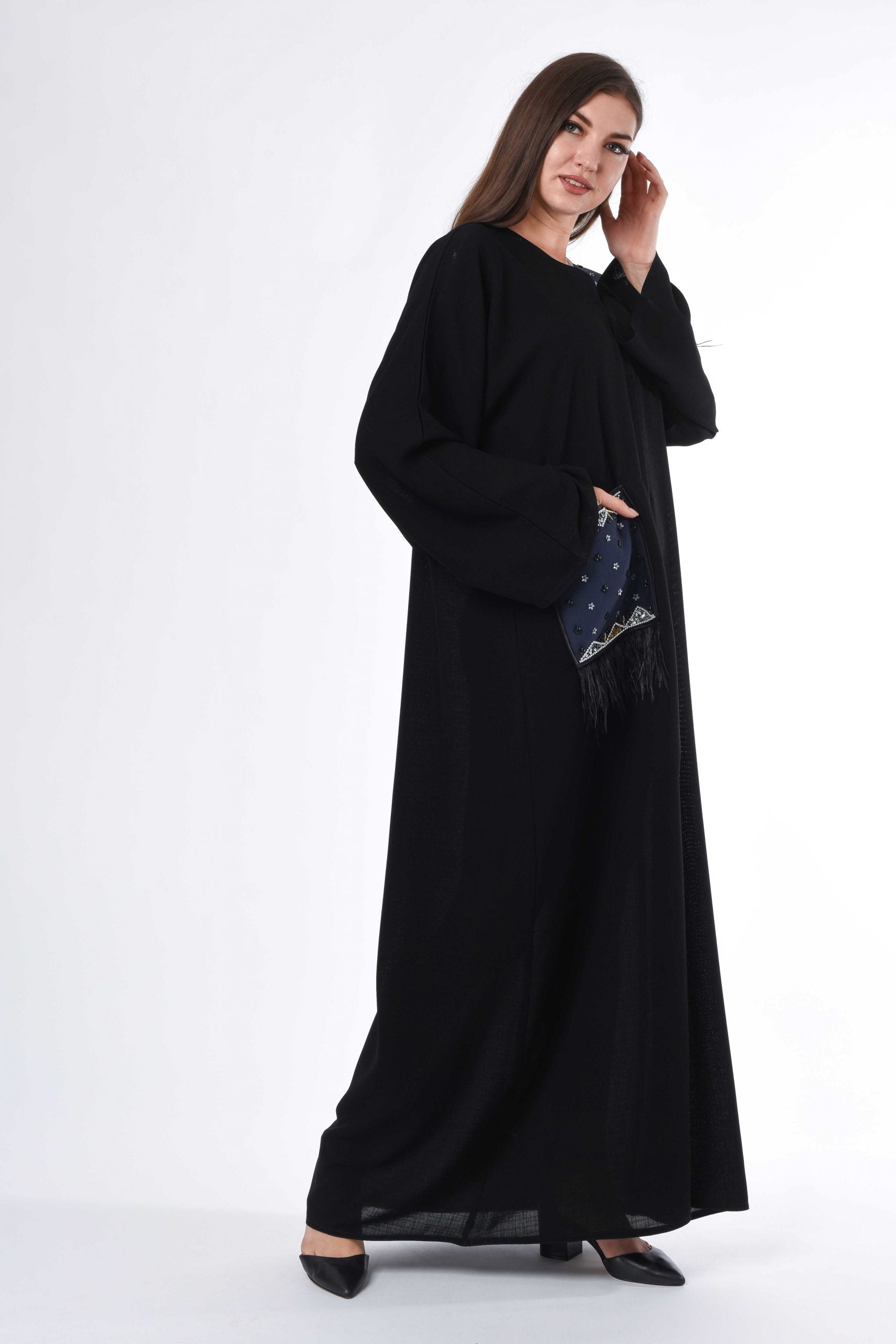 MOiSTREET Black Abaya with Patchwork and Feather Detail