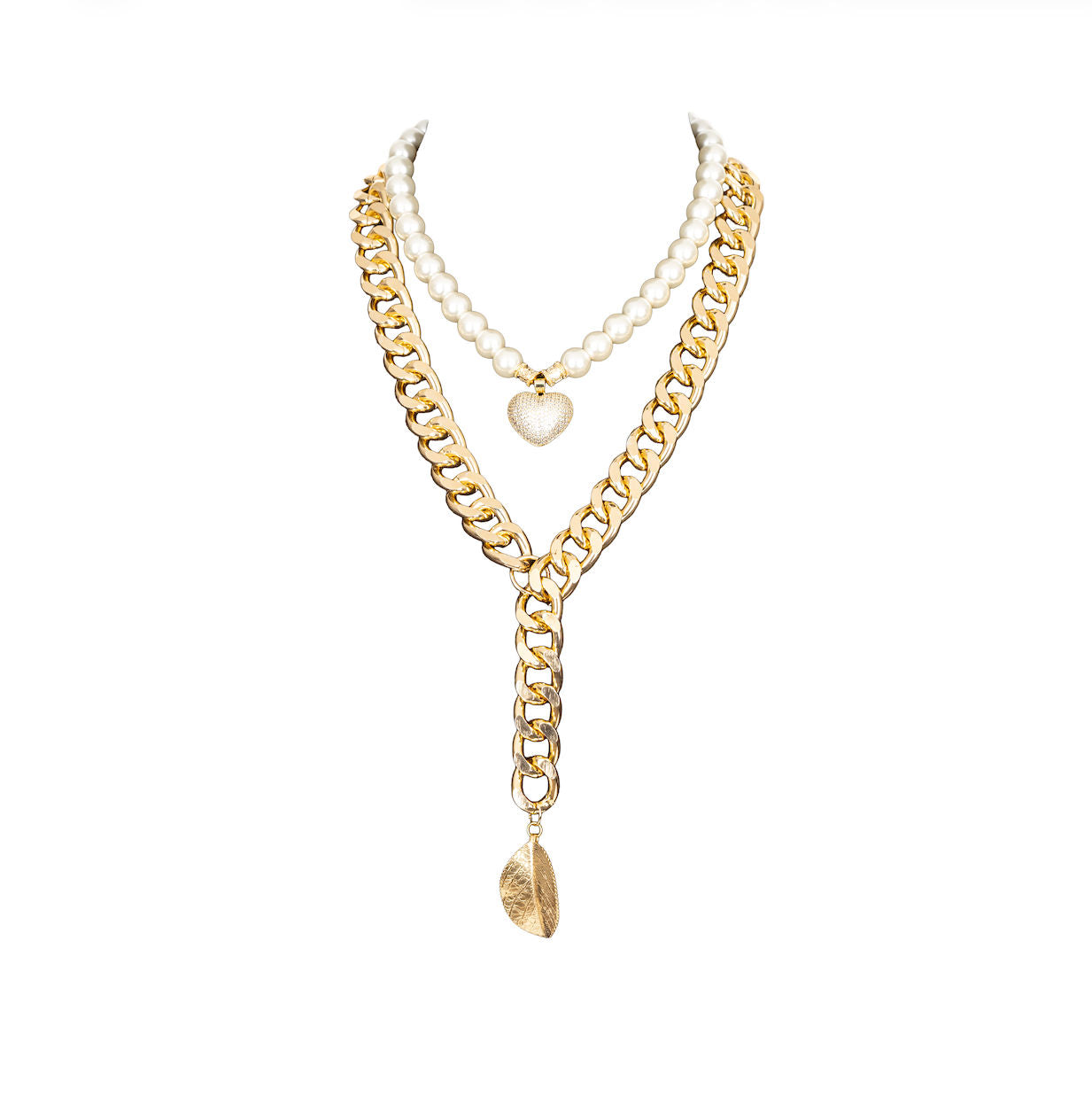 The Dark Layered Pearl and Gold Chain Necklace with Spike Pendant