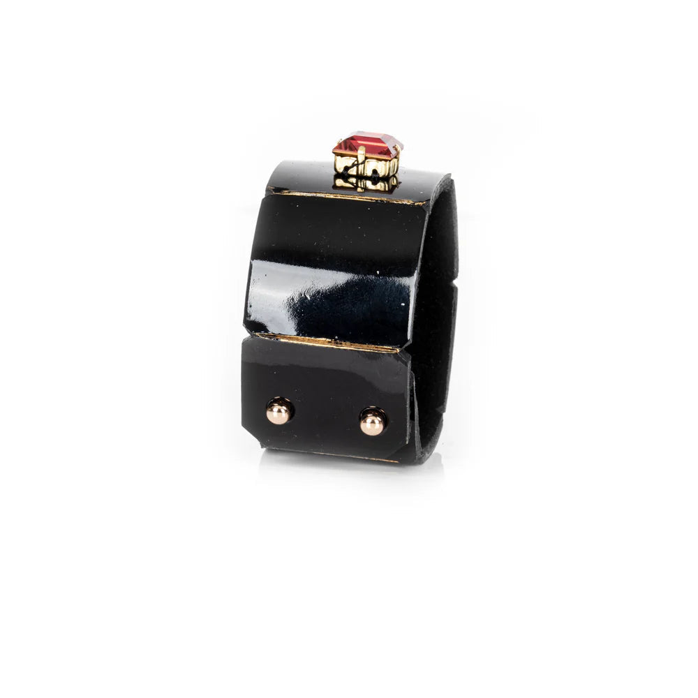 The Dark Black Leather Crystal Cuff Bracelet with Red & Black Square Stones