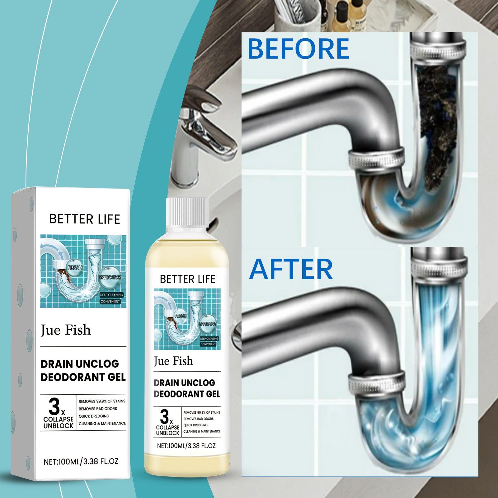 Jue-Fish Pipe Cleaning Gel, Drain Unclogger, Odor Eliminator, Kitchen Bathroom Sewer Line Cleaner ,100ml