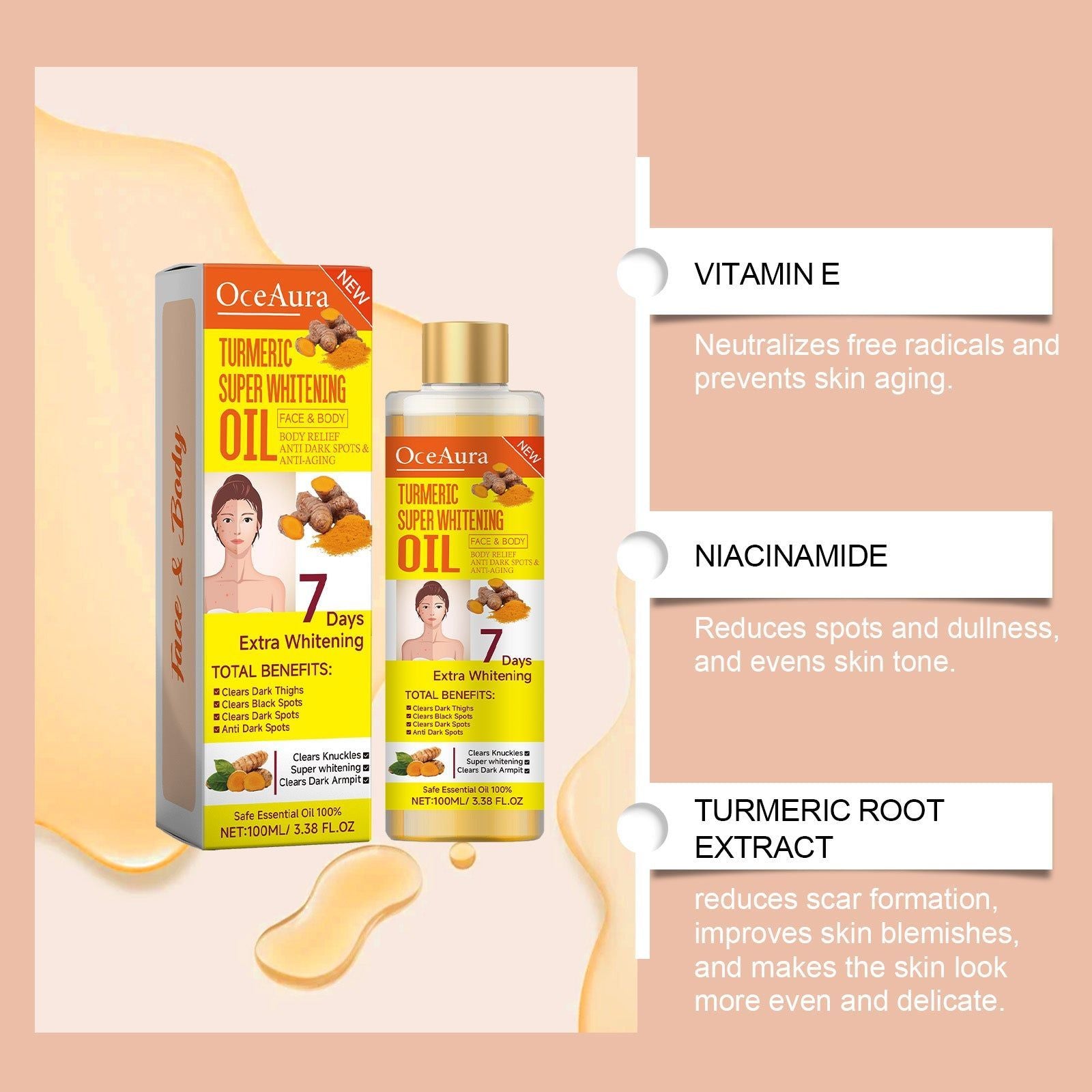 Body Essential Oil, Clear and Bright Skin, Moisturizing, Brightening, Soothing ,100ml