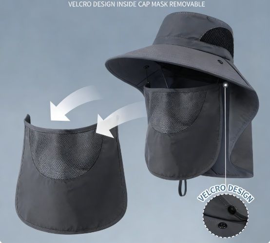 Dark Grey UPF 50+ Sun Hat with Removable Face & Neck Flap, Wide Brim Breathable Bucket Hat for Fishing Hiking, Outdoor Sun Protection Hat for Men Women