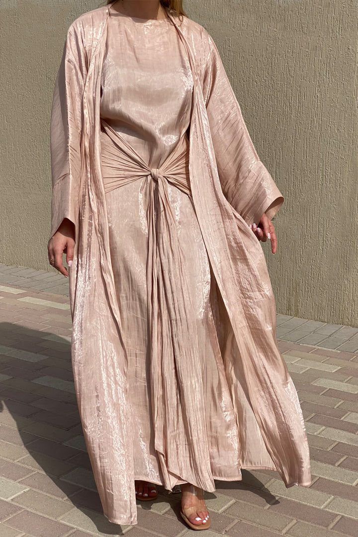 MOiSTREET Rotana Shimmer Mandys Pink Abaya Set Comes With 3 Piece