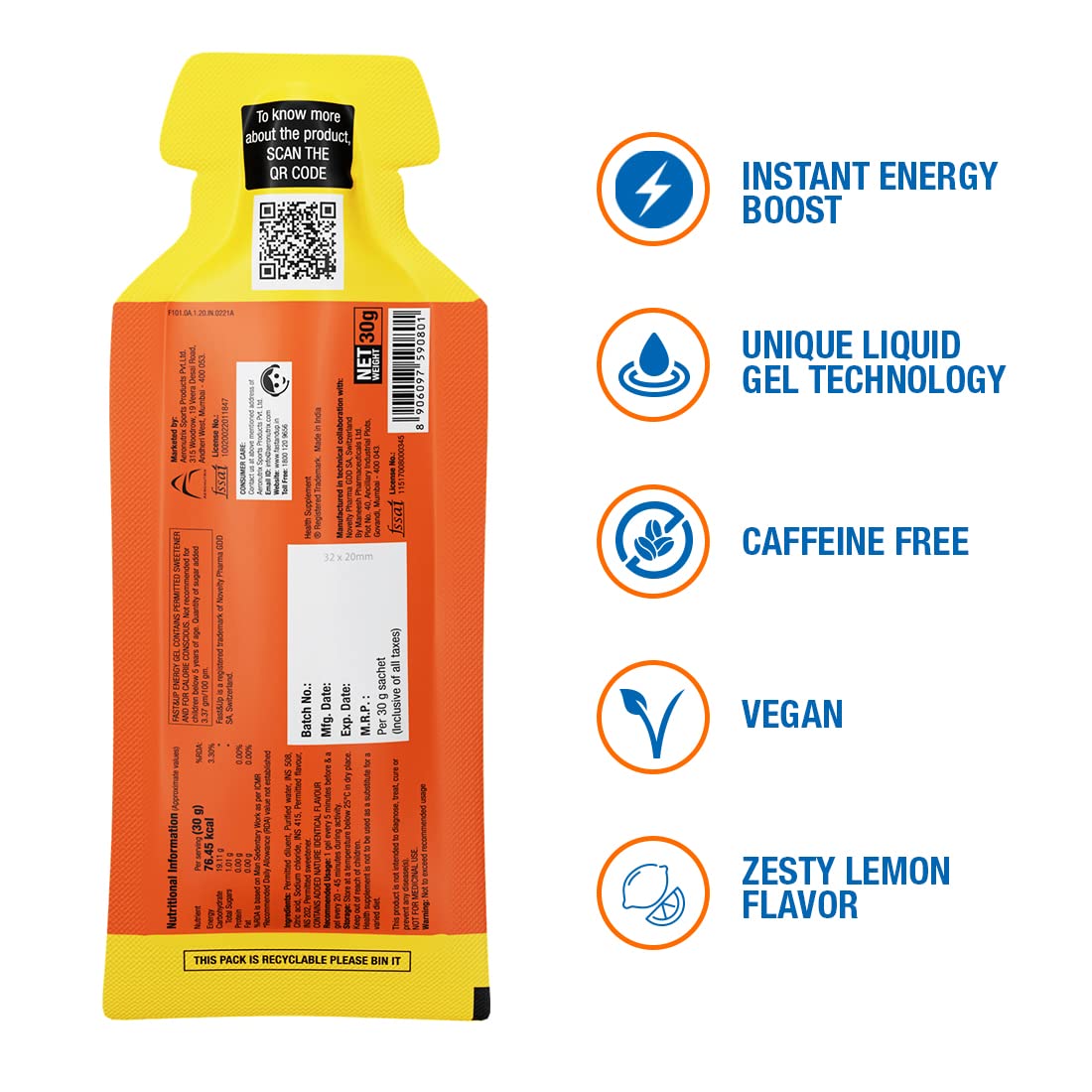 جل الطاقة Fast&up - طاقة فورية + كافيين (عبوة من 5 قطع) - بنكهة الليمون والليمون الحامض