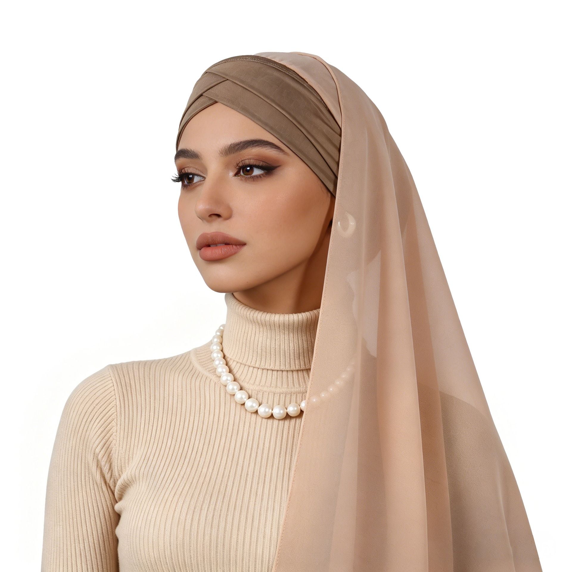 Nude Beige Cross Front Hijab Set with Chiffon Shawl