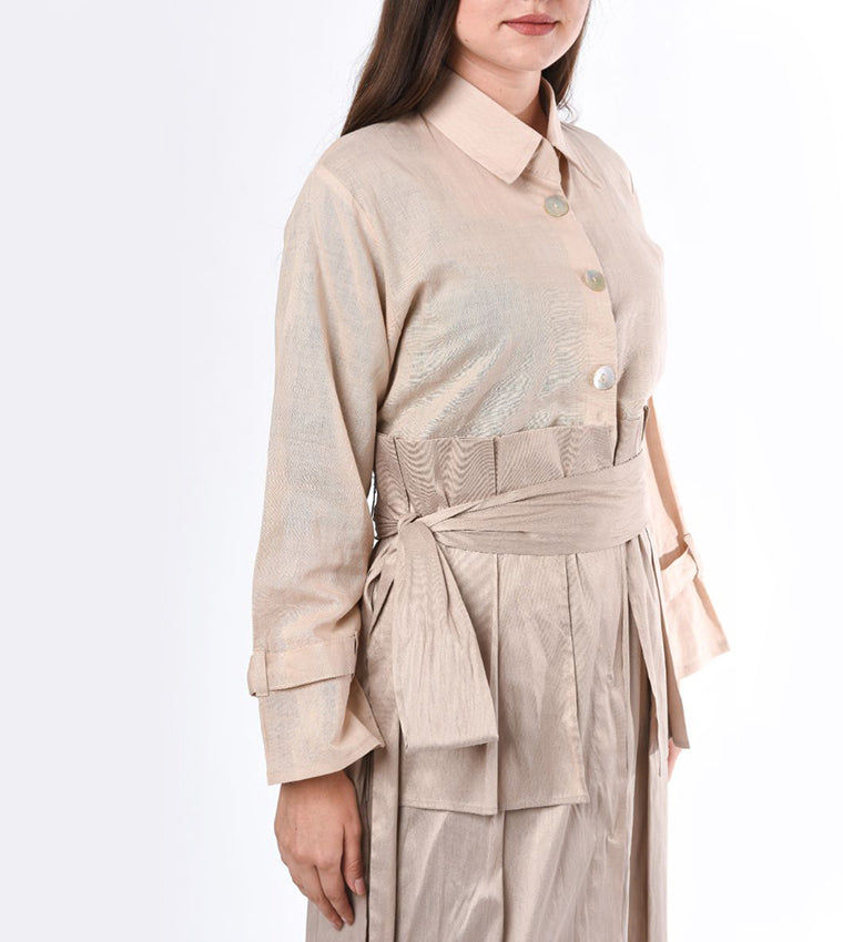 MOiSTREET Belt Abaya with Heavy Pleated Detail