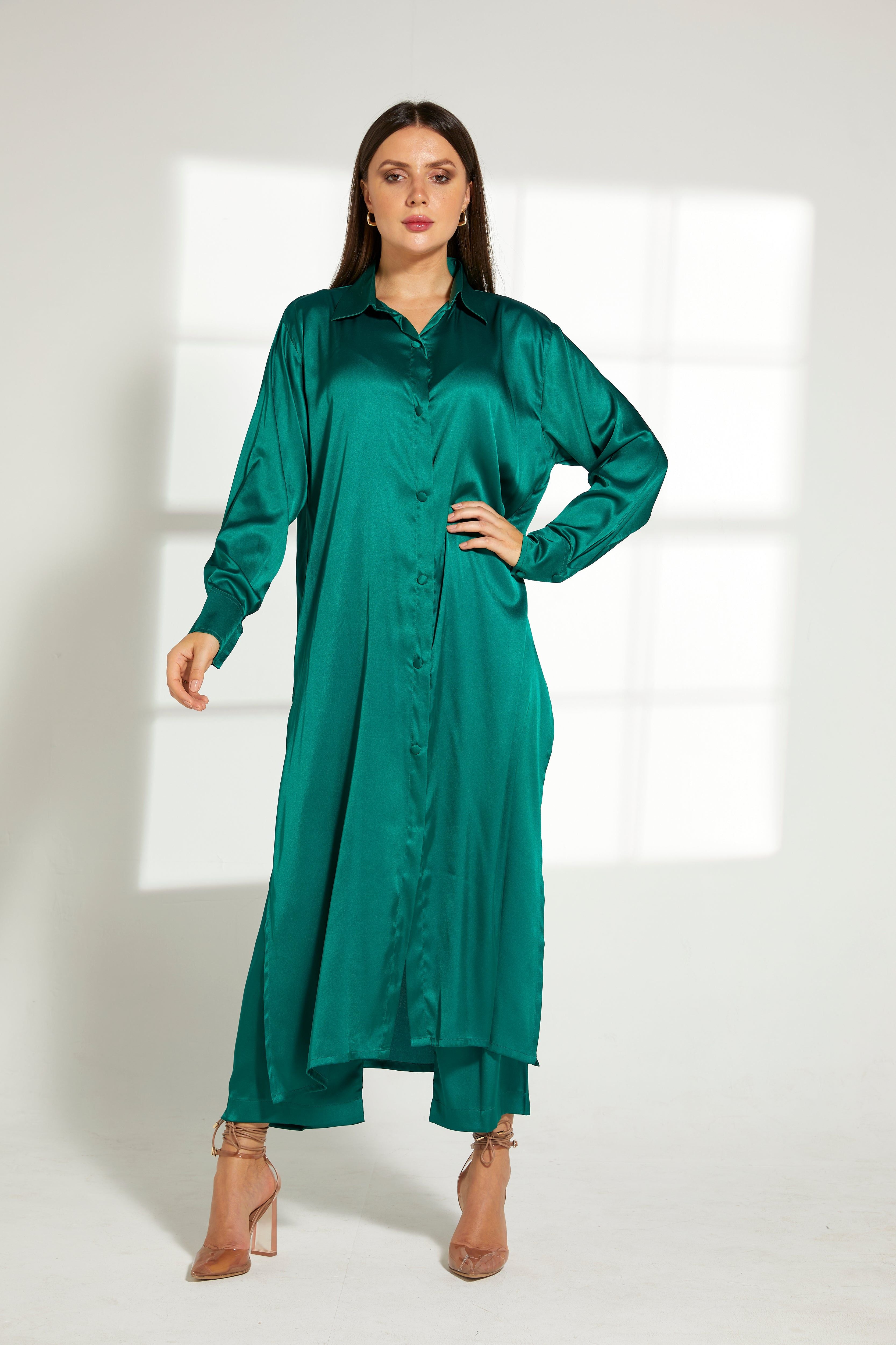 MOiSTREET Green Silk Fabric Top and Pants Set