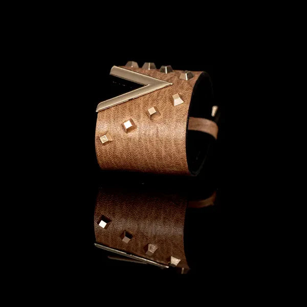 The Dark Bronze Leather Studded Cuff Bracelet with Gold Geometric V Accent Handmade Statement Bracelet