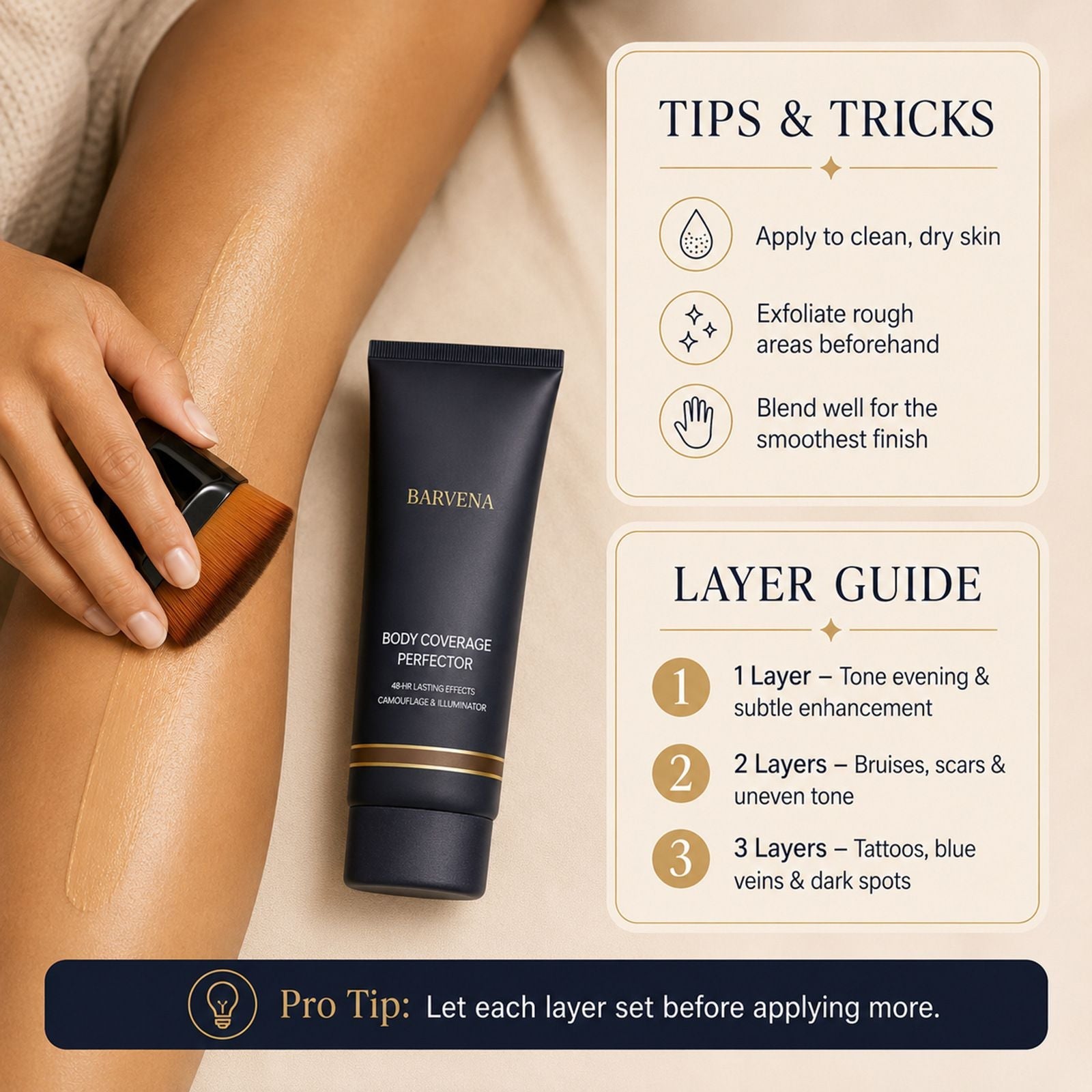 BARVENA Body Coverage Perfector, Light Radiance Body Makeup Cream with Large Golden Handle Brush, Even Skin Tone Body