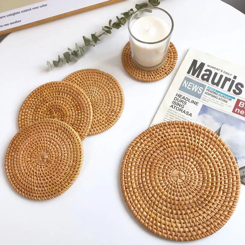 6 Pack Rattan Table Mats Round Placemat Coffee Cup Pad Handmade Woven Insulation Heat Coasters