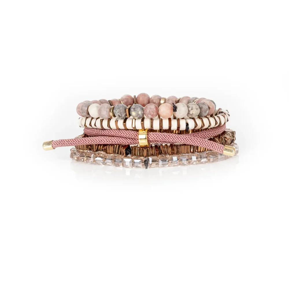 The Dark Blush Maple Charm Bracelet Stack Rose & Nude Beaded Set