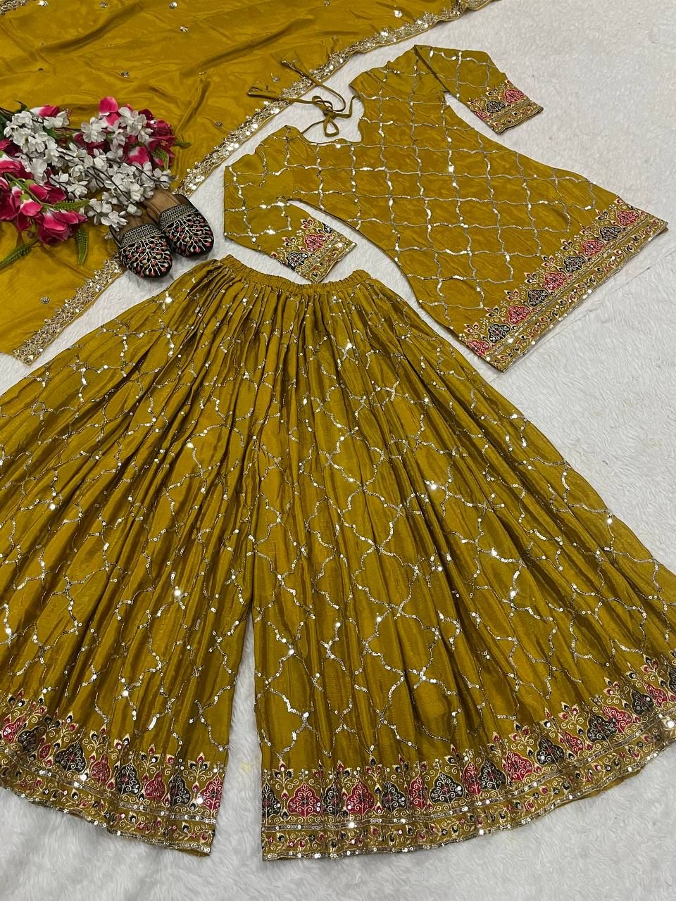 Fab Zone Women’s Designer Chinon Silk Top Sharara Set with Dupatta