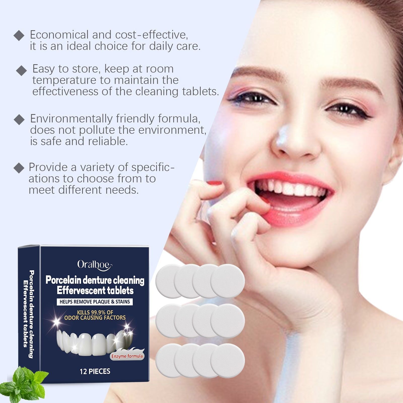 Denture Cleaning Effervescent Tablets, Fresh Breath, Stain Removal, Bacteria Killer ,12pieces
