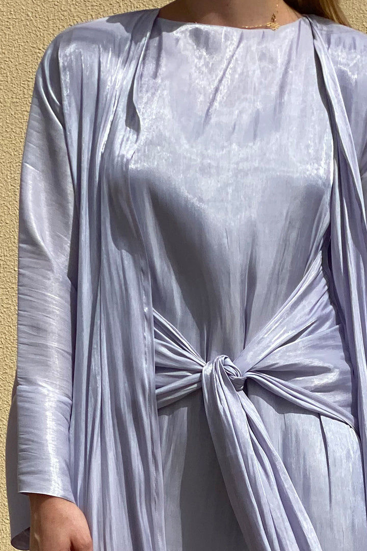 MOiSTREET Rotana Shimmer Lavender Grey Abaya Set Comes With 3 Piece