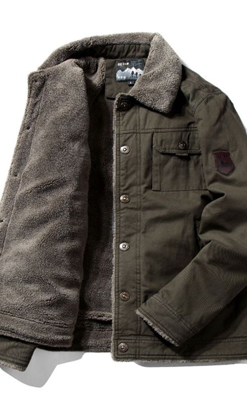 Winter Thick Bomber Jacket Fleece Lined Warm Coat Men Solid Color Lapel Outerwear