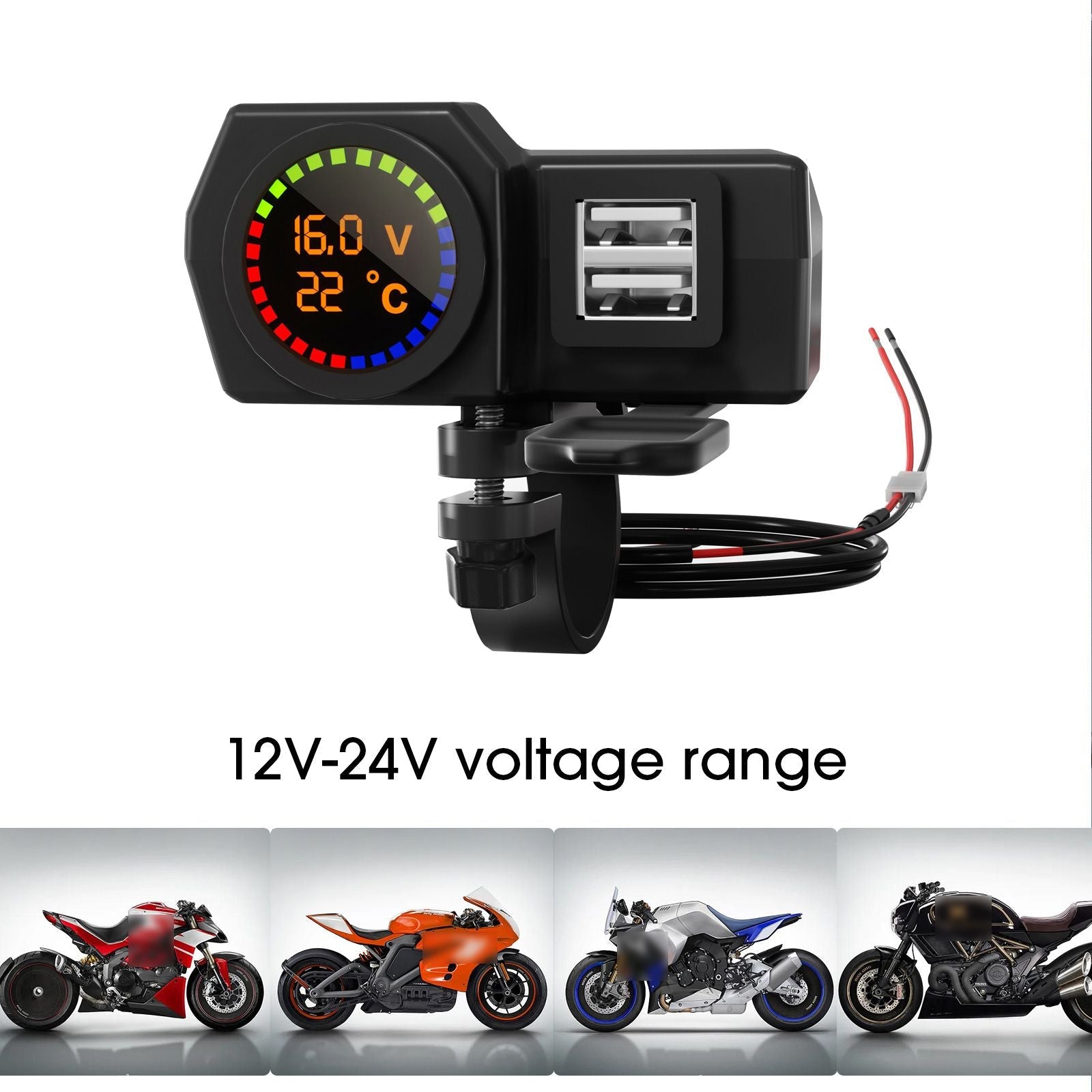 Motorcycle Phone Charger Dual Port Charging Adapter With Temperature Voltage Display