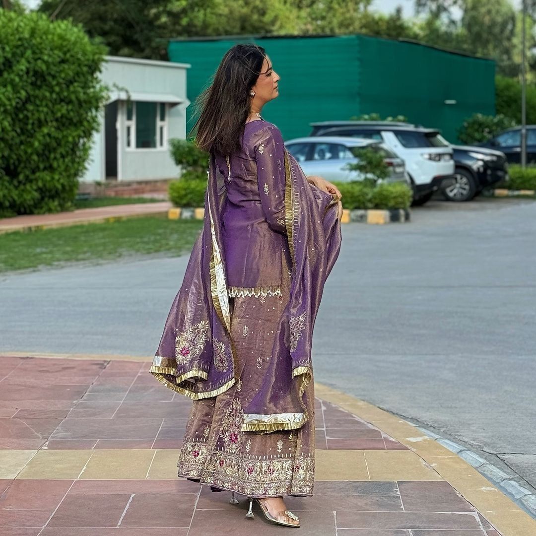 Fab Zone Women’s Designer Gold Net Embroidered Top Plazzo Set with Dupatta