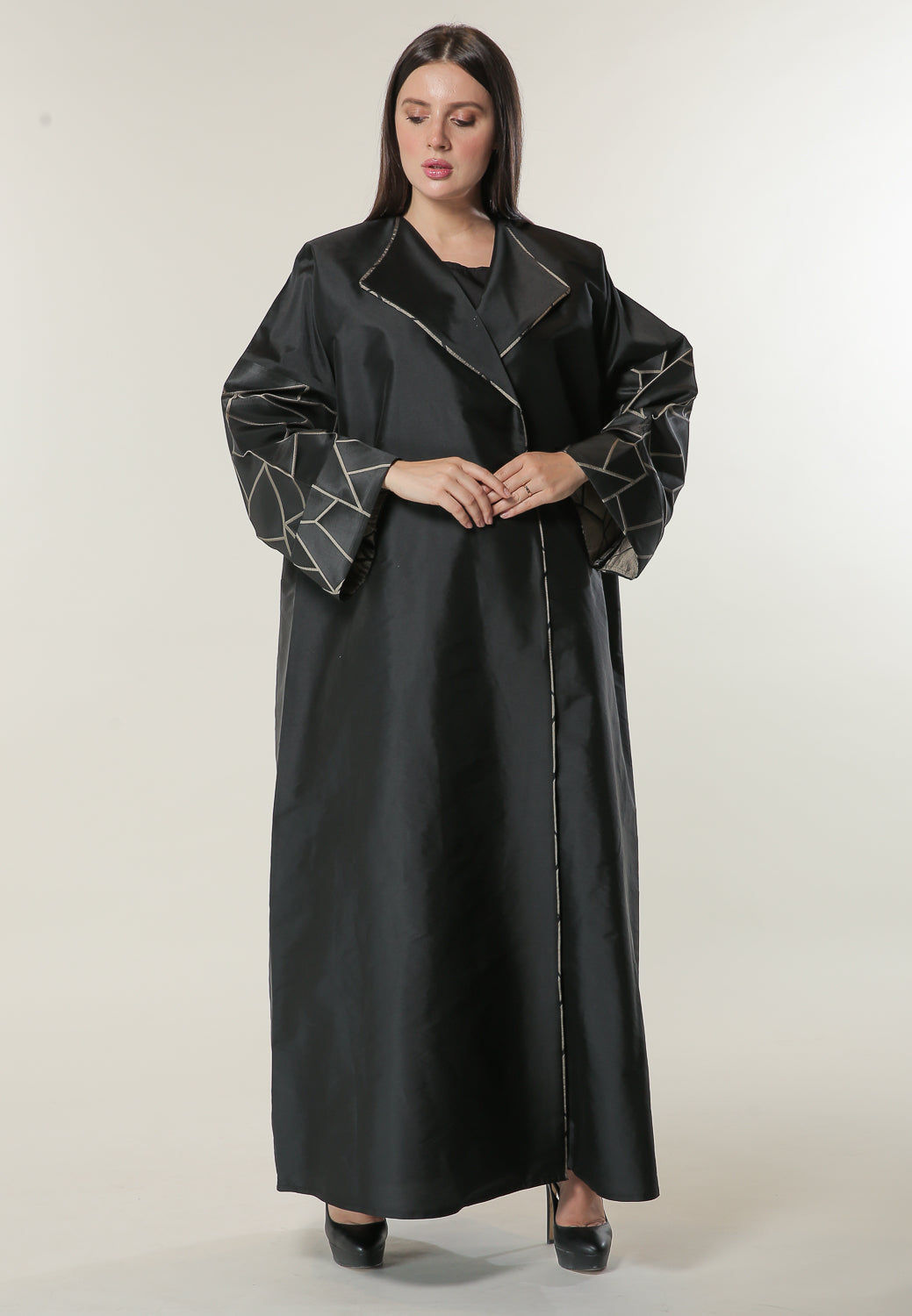 MOiSTREET Black Coat style Abaya with Jacquard Sleeves and Pipin