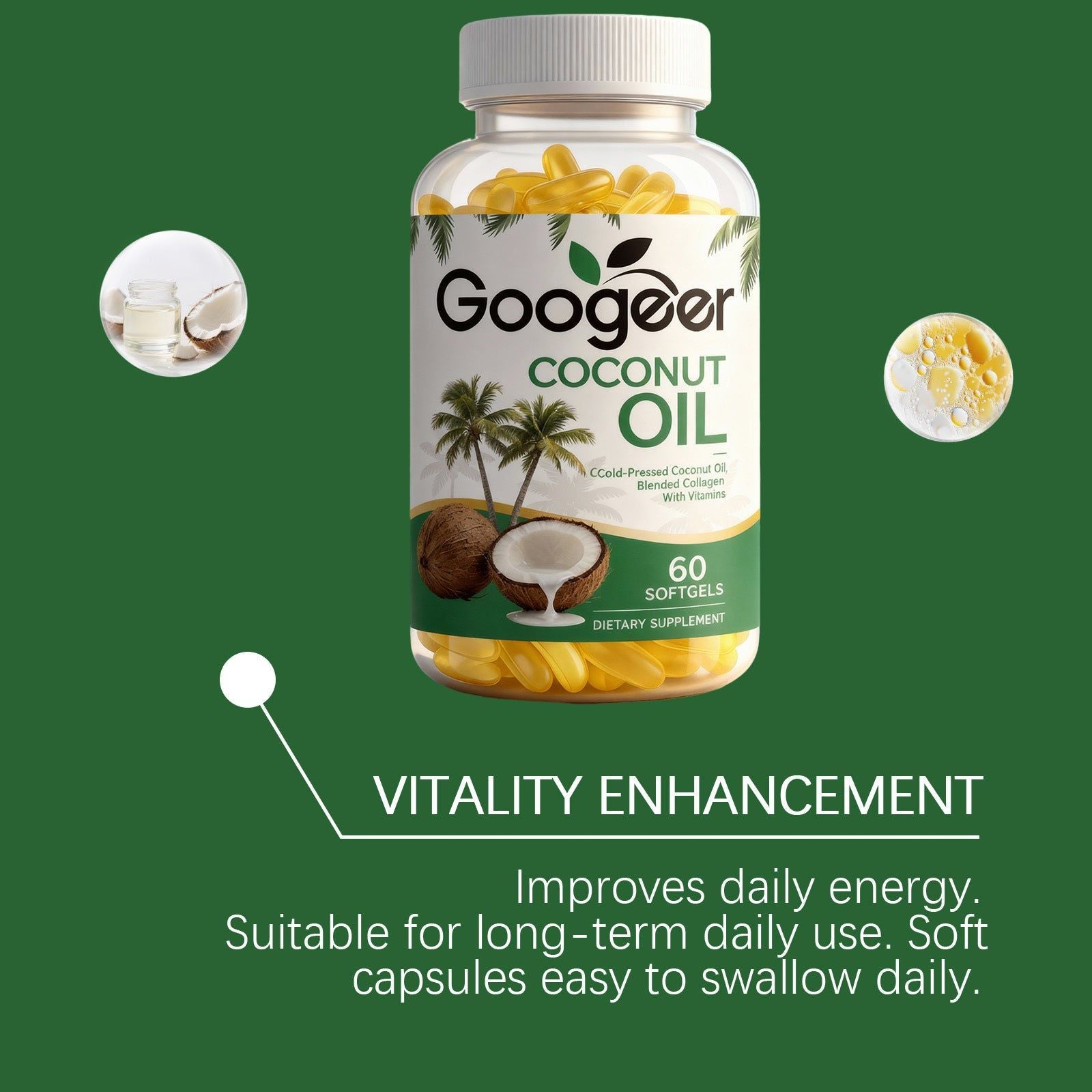 Coconut Oil Body Care Supplement, Natural Energy Boost, Vitamin E, Daily Health ,60 softgels