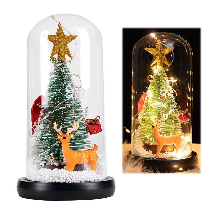 LED Christmas Tree In Glass Cover Tabletop Decoration Night Light Bedside Lamp Ornament