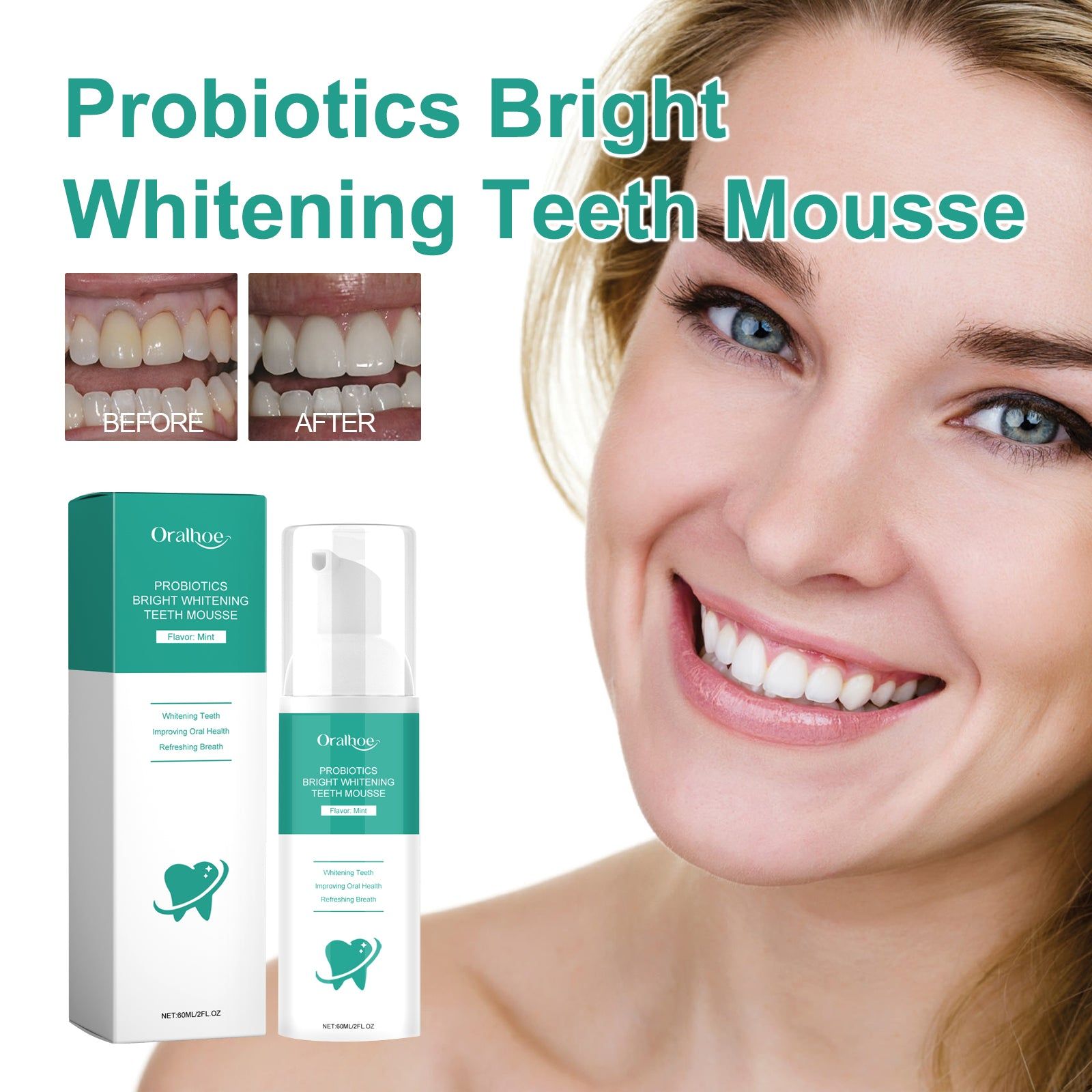 Bright Whitening Teeth Mousse with Probiotics, Oral Cleaning, Fresh Breath, Tartar Control ,60ml