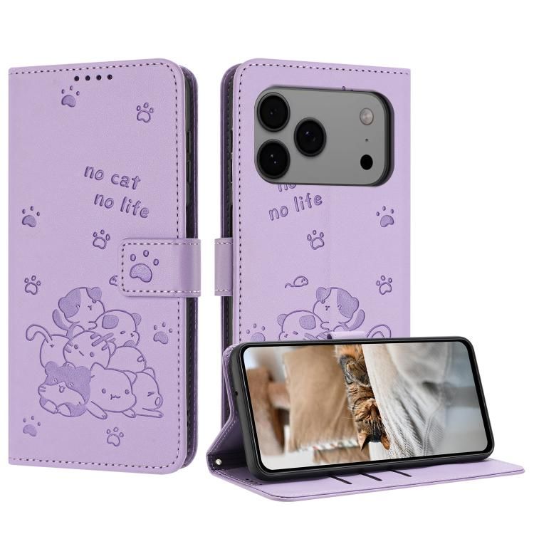 For iPhone 18 Pro Max / iPhone 17 Pro Max Embossed Kitten Phone Leather Case with Lanyard