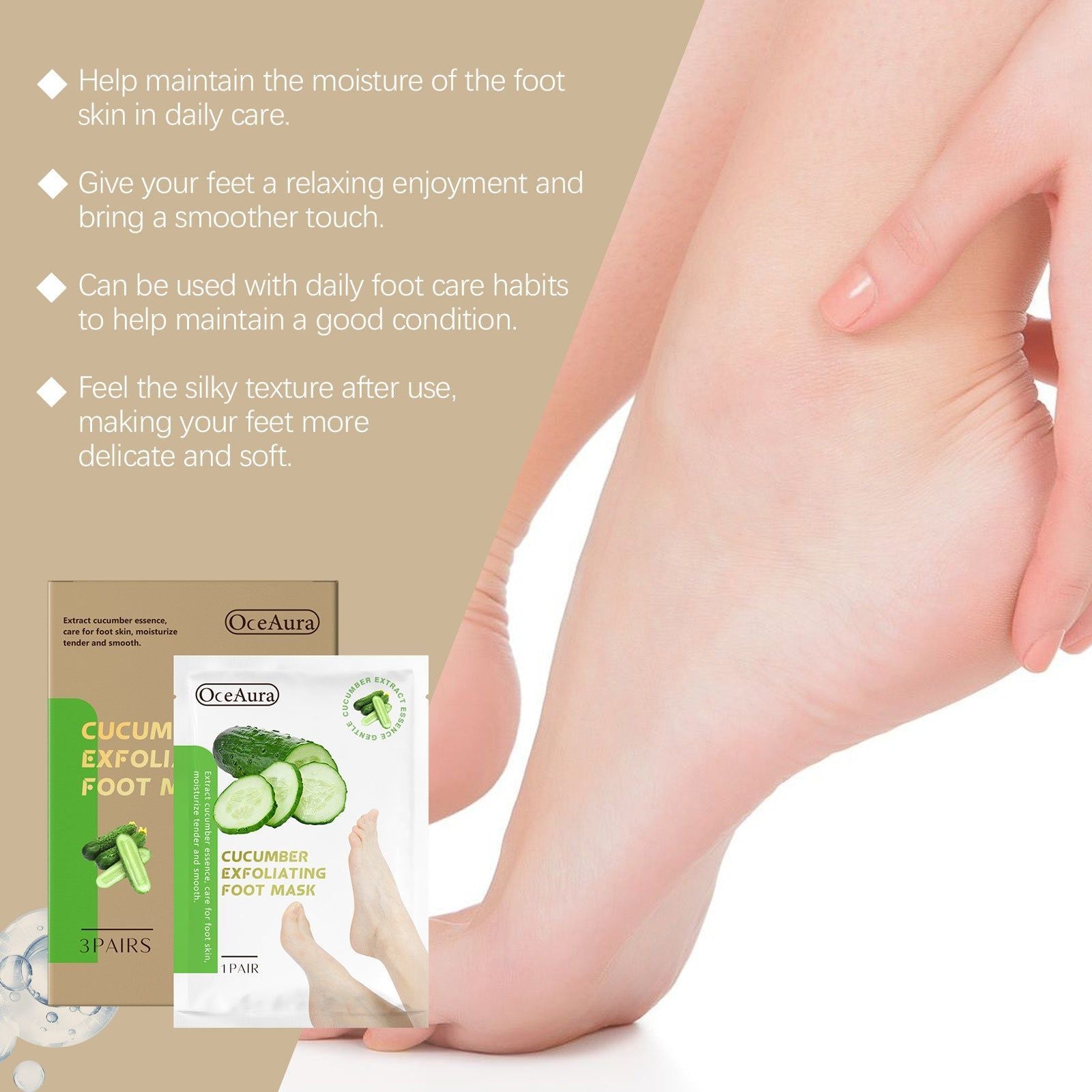 Cucumber Foot Mask, Hydrating Foot Care, Exfoliating Moisturizer, Soft Feet ,3pcs
