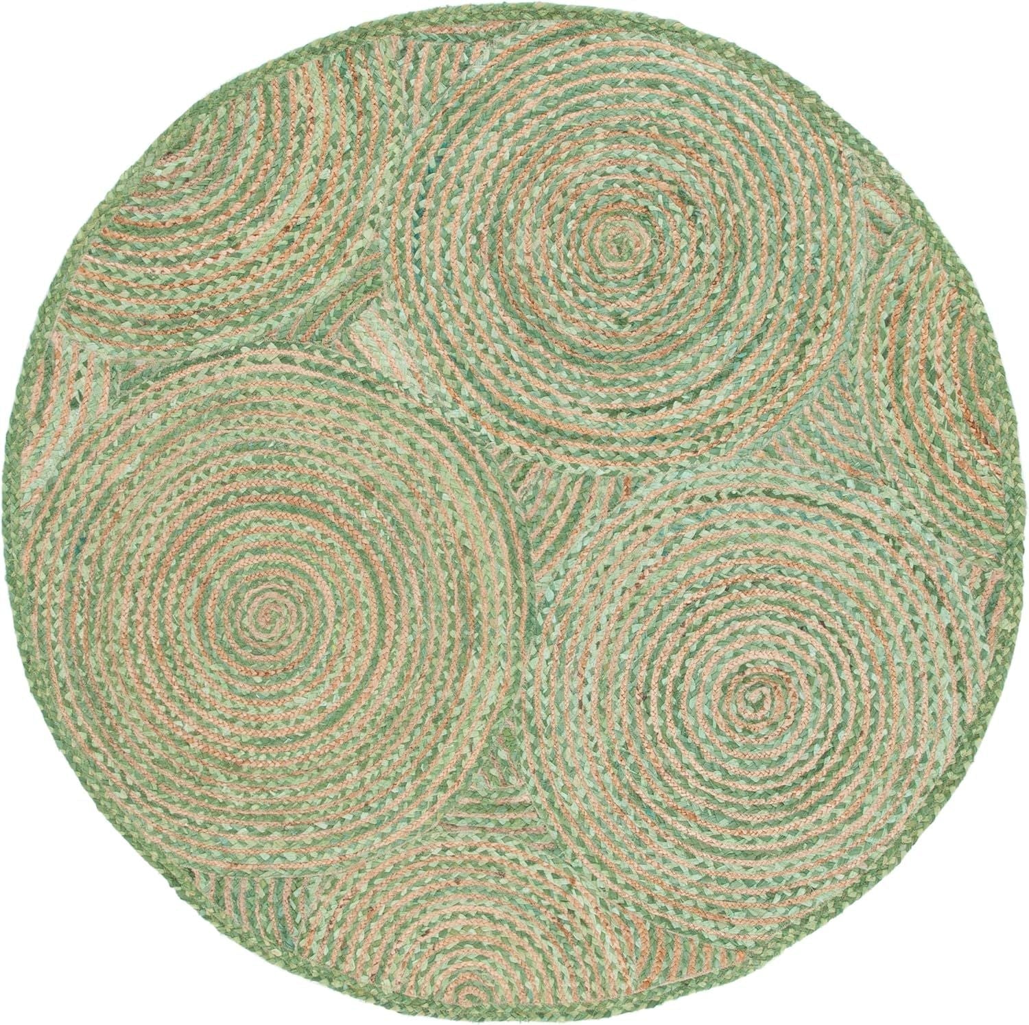 Green Jute Round Rug with Spiral Pattern | Handmade Eco-Friendly Boho Area Rug