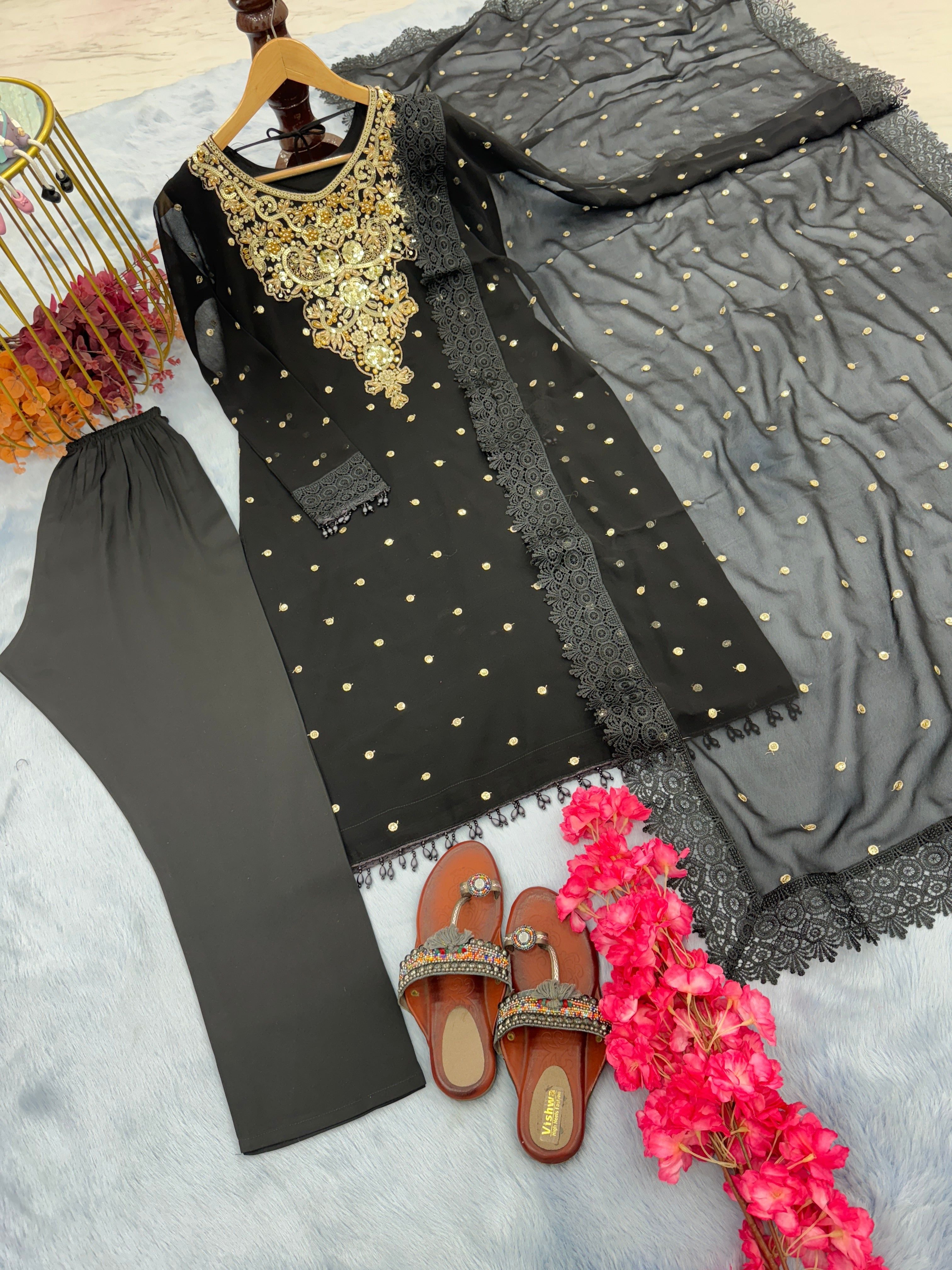 Designer Top Bottom & Dupatta With Pal Moti Hand Work